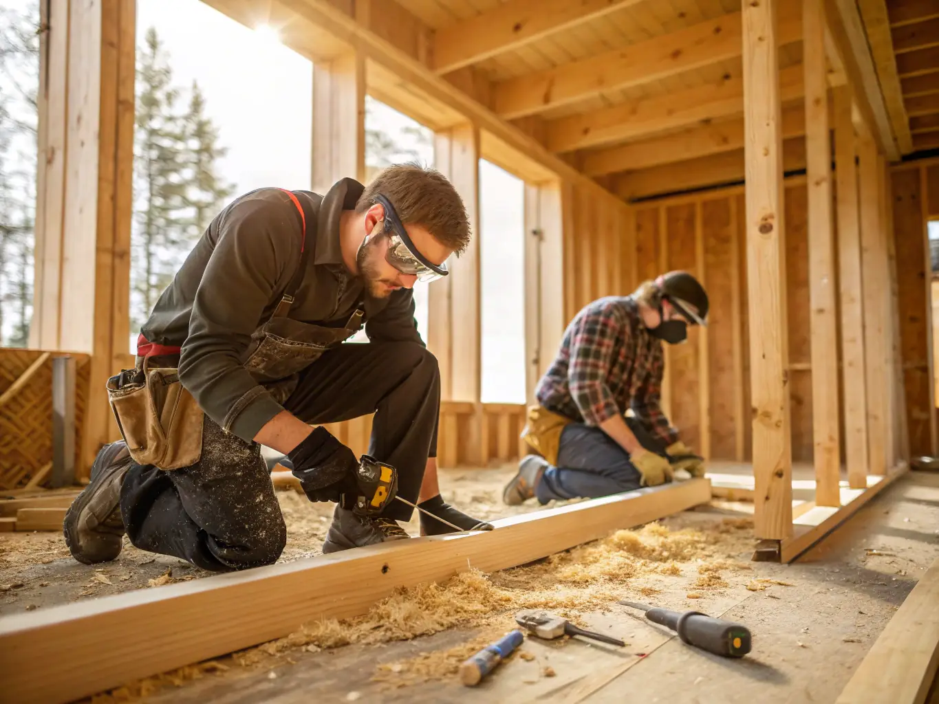 Builders fixing a timber frame with a power drill